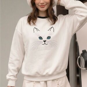 Vintage 80’s 90’s Top Stitch Embroidered Cat  Kawaii Girlhood Grandmacore